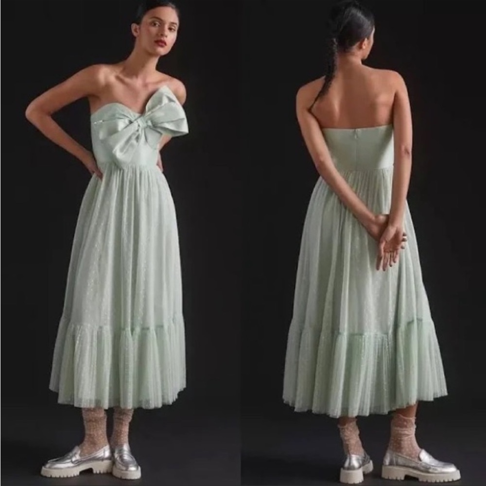 Anthropologie Hutch Green Tulle Bow Strapless Midi Dress 0 NWT Party